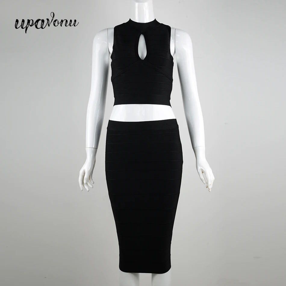 

Модный популярный бандажный комплект с юбкой, соблазнительный короткий топ без рукавов с вырезами и Облегающая Юбка До Колена с высокой тал...