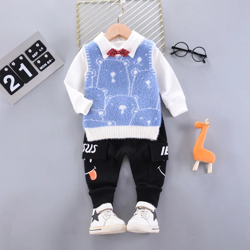 

Children Clothes Sets Spring Autumn 2021 New Toddler Boys Cartoon Sweater Vest+Bow Shirt+Pants 3pcs Suits Fashion Baby Clothing