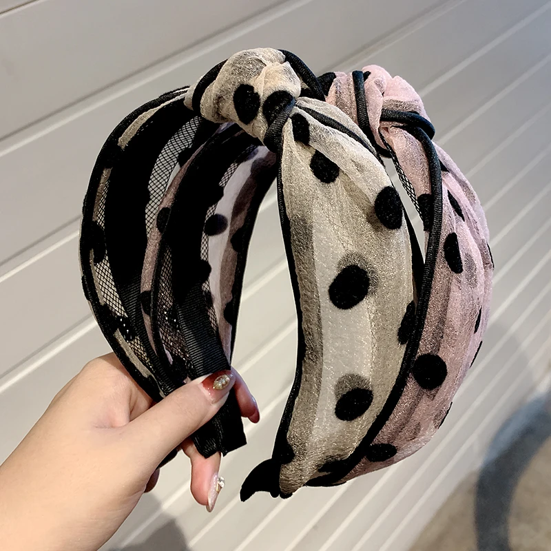 Женская шифоновая повязка на голову в горошек элегантная с украшением аксессуар