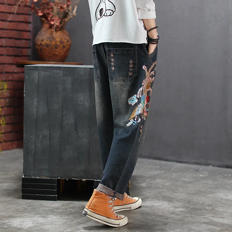 Streetwear Casual Ripped Denim Pants Autumn Retro High Quality Embroidery Floral Washed Jeans Women Elastic Waist Harem Trousers | Женская