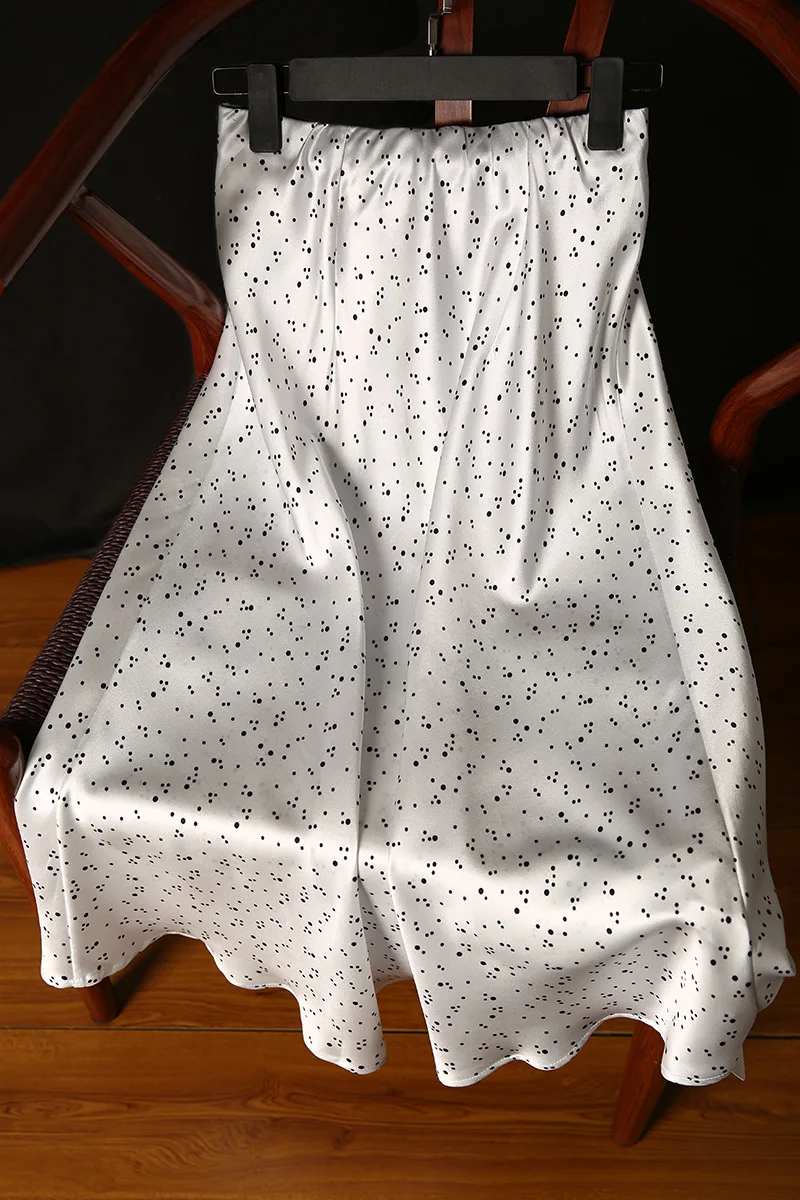 

Женская шелковая юбка в белый горошек, трапециевидная юбка из шелка тутового шелкопряда с завышенной талией