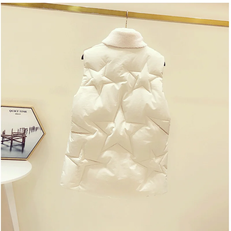 

Autumn Winter Cotton Jacket Women Sleeveless Waistcoat Stand Collar Patchwork Vest Lamb Wool Fashion Casual Loose Female Coat