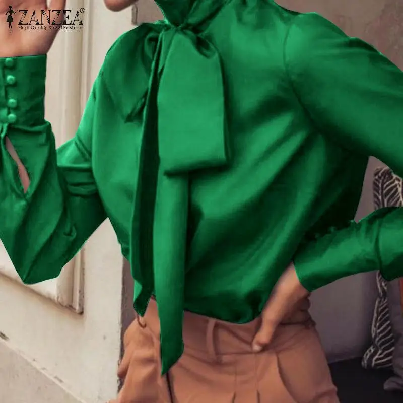 

2022 элегантная женская блузка ZANZEA, новые модные топы с высоким воротником, Офисная Женская туника с галстуком, рубашка, повседневные блузы с ...