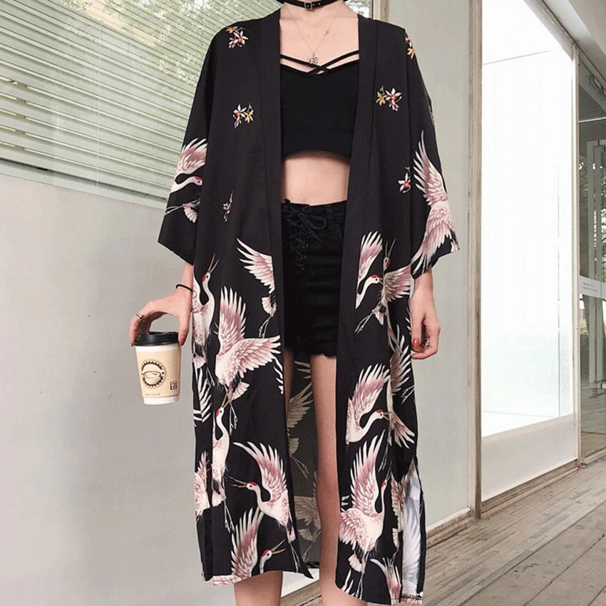 

Haori Crane Japanese Style Asian Clothes Bathrobe Harajuku Lovers Kimono Drsss for Girl Unisex Retro Cardigan Fancy Clothing