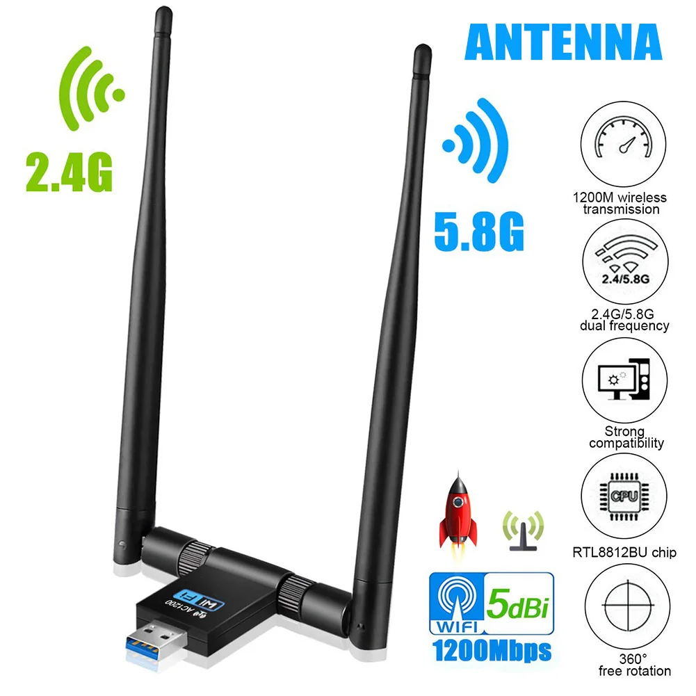 

1200Mbps Wifi Receiver Wireless USB WLAN Adapter Dual Band Antenna 2.4/5.8GHz for PC UY8