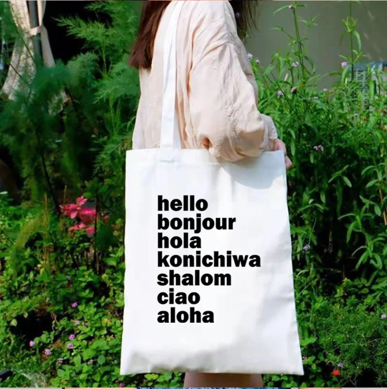 

Bonjour Vacation Tote Bag Canvas Hello Hawaii Funny Bags New Fashion 2021 Custom Shopping Bags Shopping Bags Letter Print