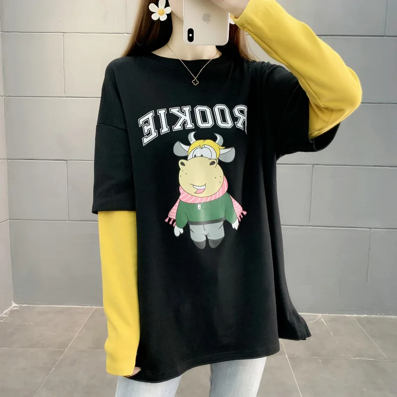 

High-End Plus Size One-Piece Color Patchwork Long Sleeved T-Shirt Female Europe Spring Loose Cartoon Print Cute Tops For Women