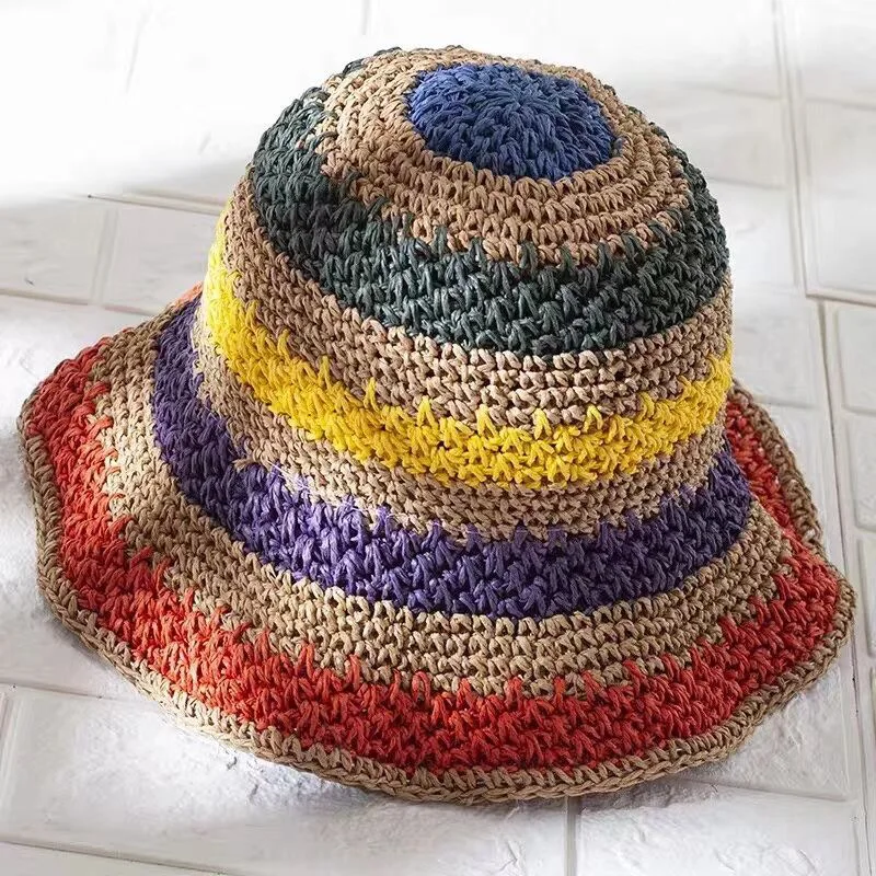 

Rainbow Color Womens Straw Hats Straw Hat Panamas UV Protection Sun Visor Beach Hats Women Visors Foldable Female Summer Sun Hat