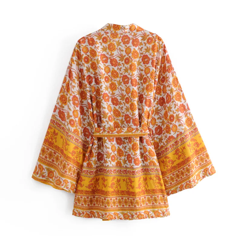 Бохо винтажный желтый цветочный принт пояс Женский богемный V-образный вырез