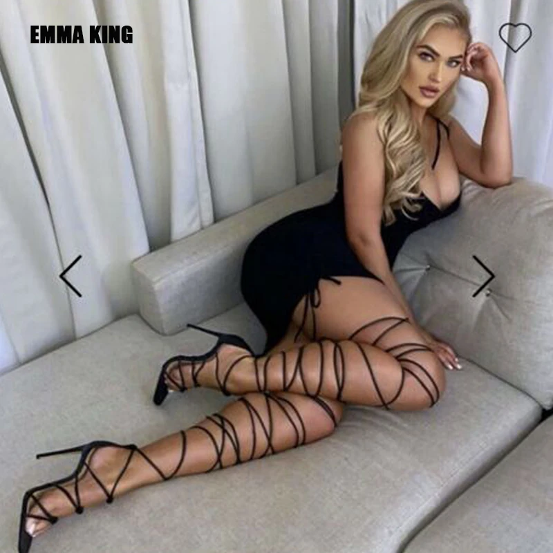 Online Sepatu Hak Tinggi Tipis Seksi Wanita Sepatu Berenda Pita Sempit Mode Sandal Wanita Ujung Persegi Luar Ruangan Musim Panas