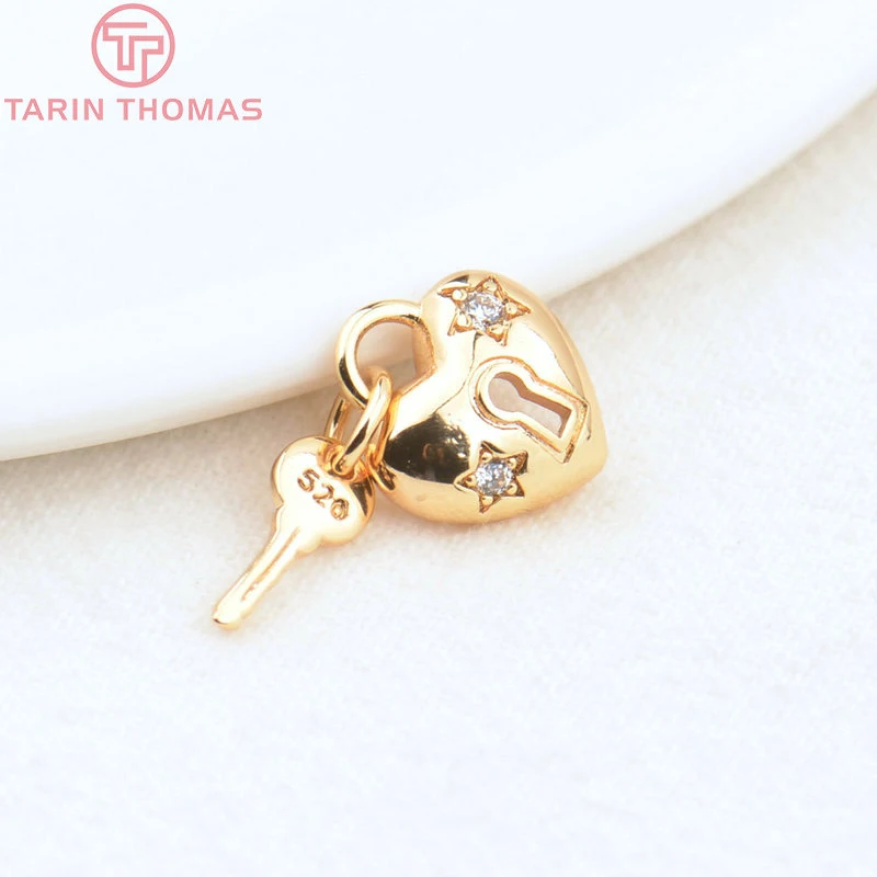 

(3015)4PCS 10.5x12MM 24K Gold Color Brass with Zircon Lock and Key Pendants Charms High Quality Diy Jewelry Findings Accessories