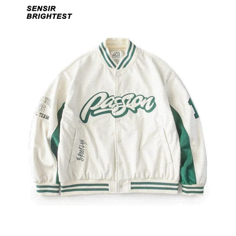 

Sensir Panel Contrast Letters Embroidered Mock Neck Baseball Jacket Loose Coat Men's