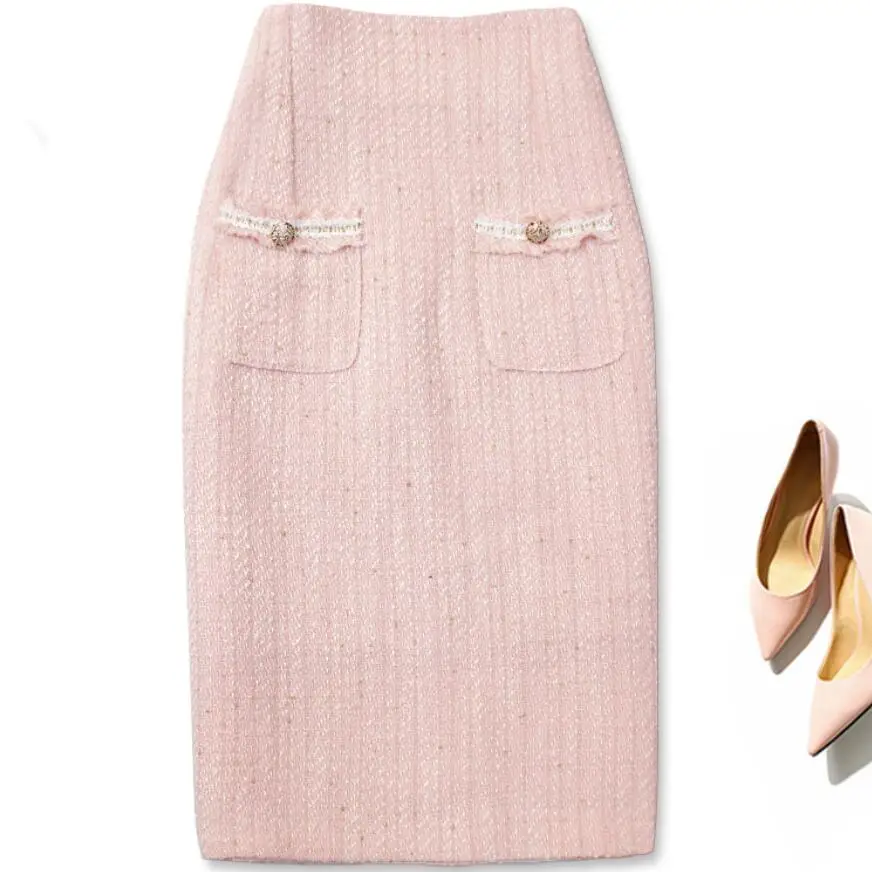 Женская твидовая шерстяная юбка карандаш с высокой талией и разрезом на бедрах