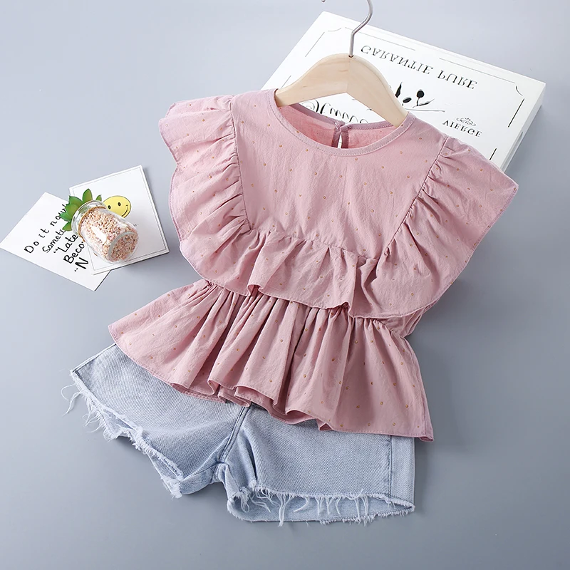 

2-7 Years High Quality Summer Girl Clothing Set 2021 New Fashion Casual Solid Shirt + Denim Pants Kid Children Girls Clothing