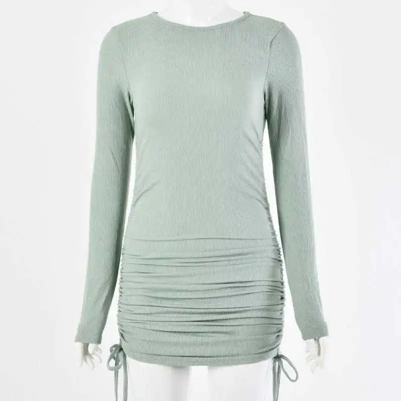 

Cotton Autumn Dress Women O-neck Long Sleeve Side Drawstring Pleated Bodycon Dress Can Adjust Length Casual Dresses