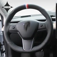 car steering wheel cover for tesla model 3 2016 2017 2018 2021 genuine suede leather carbon fiber stitching handmade customized