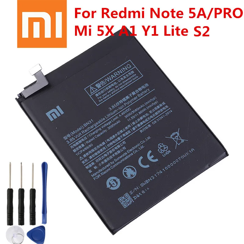 Аккумулятор для Xiaomi Redmi Note 5A Prime S2 сменная батарея Mi 5X A1 Mi5X BN31 Pro Y1 MiA1 100% оригинал |
