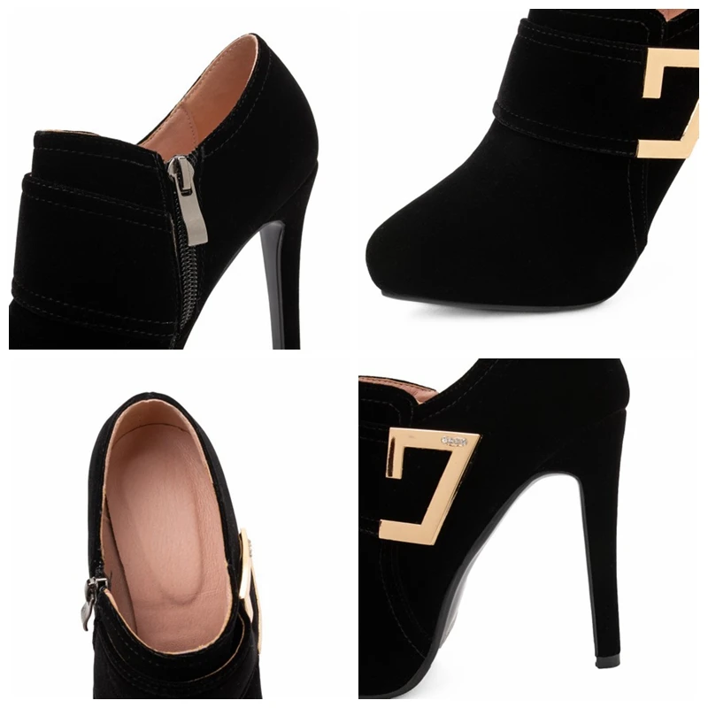 

SIMLOVEYO Lady Sexy Spring Pumps Pointed Toe 12.5cm Thin heels Flock Zipper Platforms Metal Plus size 33-43 Wedding Date B1973