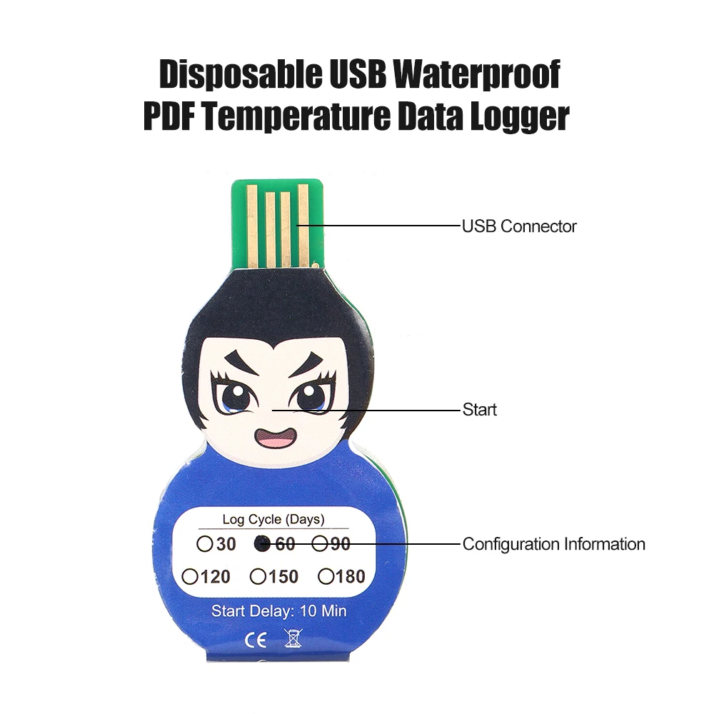 Водонепроницаемый USB 2 0 PDF одноразовый регистратор данных о температуре 60 дней