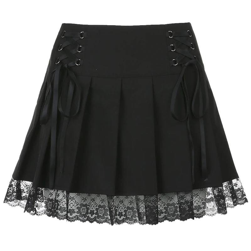 

Rockmore High Waist Pleated Skirts For Women Criss Cross Bandage Short Black Skirt Gothic Lace Sexy Y2K Aesthetic Skirts Club