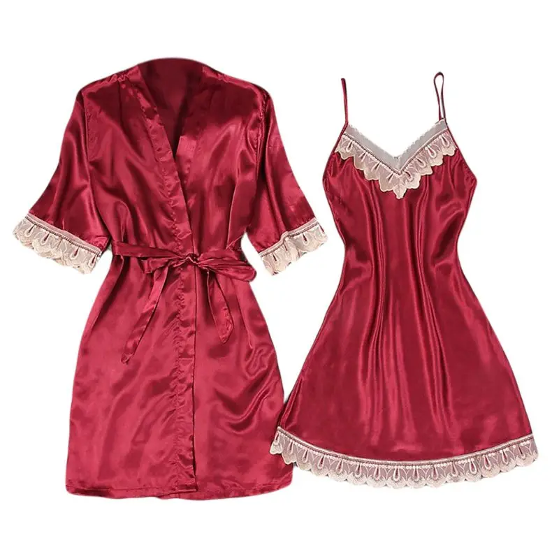 

2021 Women Summer Imitatin Silk 2 Piece Kimono Robe Gown with Sleeveless Nightdress Set Embroidery Lace Patchwork Sexy Sleepwear