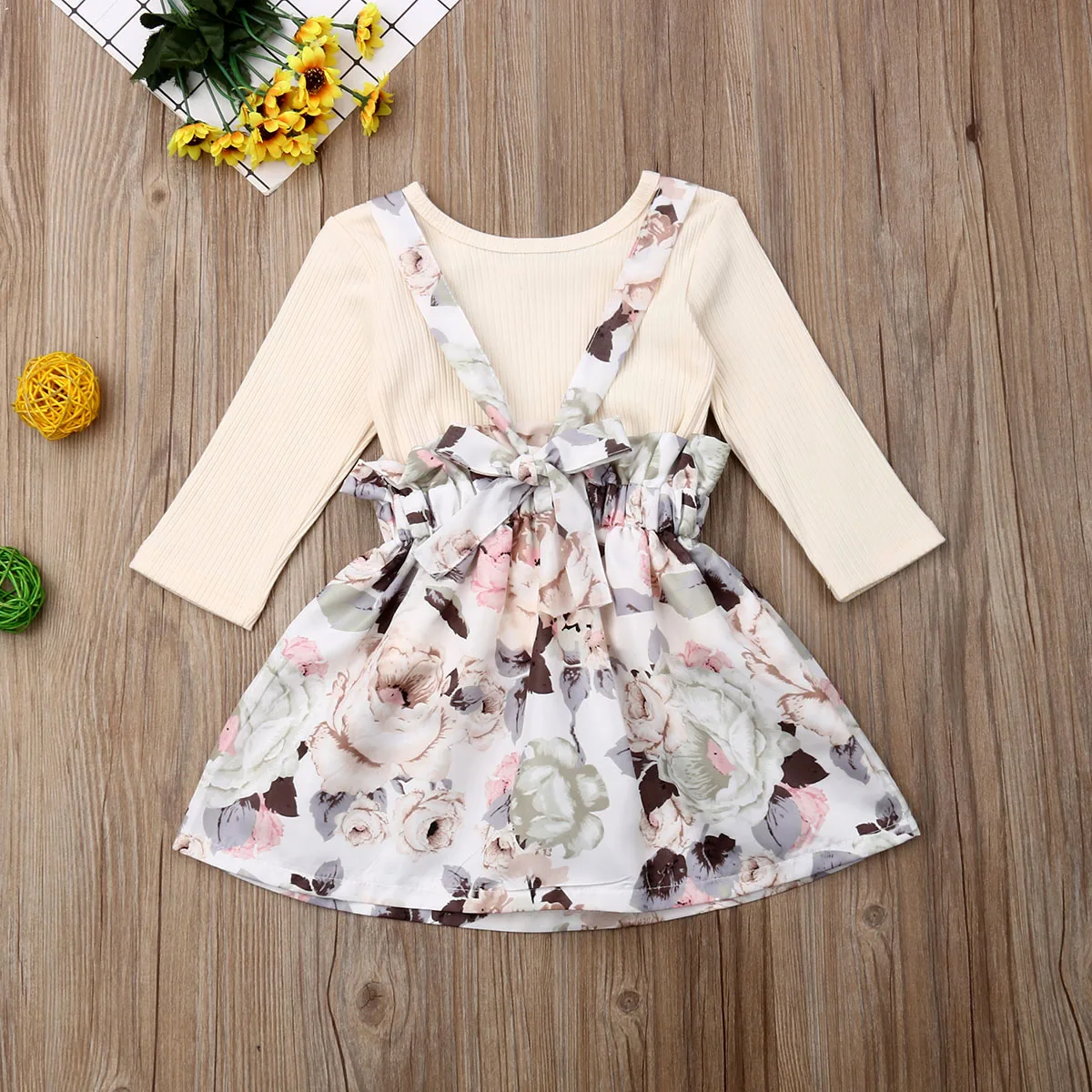 Комплект одежды для маленьких девочек однотонный топ с длинным рукавом + платье