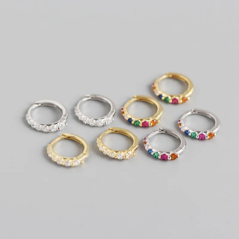 

925 Sterling Silver Small Hoop Earrings Women White/Rainbow Zircon Minimalist INS Row of Drills Round Circle Earrings Wholesale