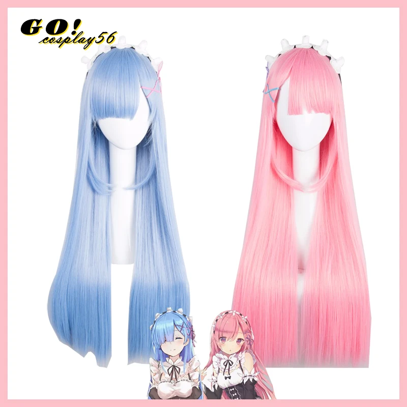 

Re:Life in a different world from zero Cosplay Wig Ram Rem Pink Blue 80cm Long Straight Synthetic Hair for Adult