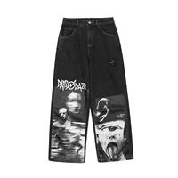 2021new streetwear abstract funny jeans patchwork printed hip hop wide leg pants men hip hop jeans men high street pants