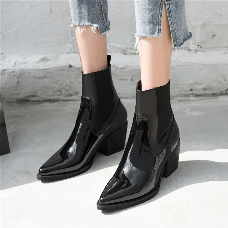 

Asumer 2020 new genuine leather Chelsea boots woman pointed toe slip on high heel dress shoes autumn winter ankle boots woman