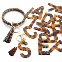 Stainless Steel Leopard Wristlet Keychains Holder A-Z Initial Letter Pendant Tassel Bangle Big Round KeyRings Fashion Key Chains
