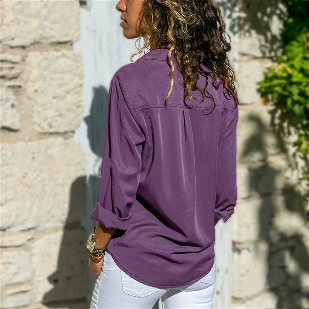 Женская Повседневная Блузка на пуговицах Однотонная рубашка с длинным рукавом и