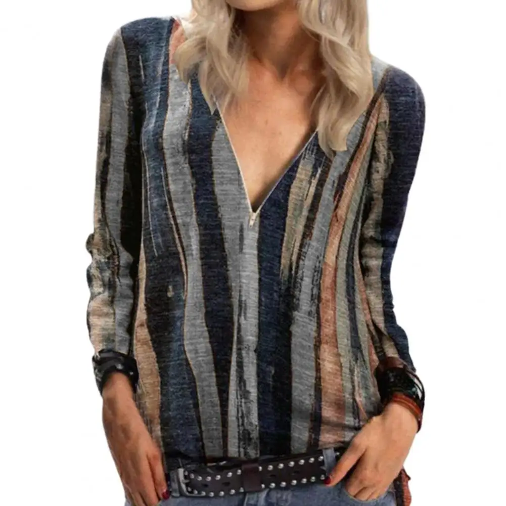 

V Neck Lady Blouse Tie-Dye Top Striped Print Long Sleeve T-Shirt for Office