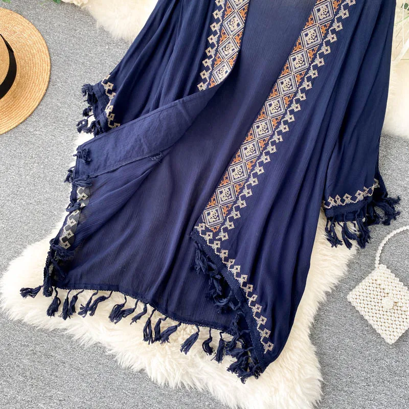 

Fashion Bohemian Vintage Ethnic Embroidery Loose Sunscreen Coat Plus Size Shirt Women's Holiday Tassel Cardigan Tops Long Blouse