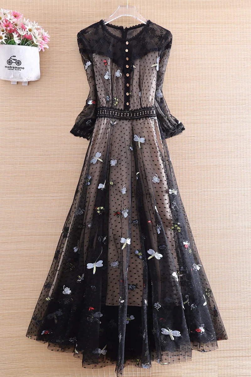 

Women luxury designer embroidery dress spring summer 2021 high quality elegant polka dots mesh lace maxi dresses party vestidos