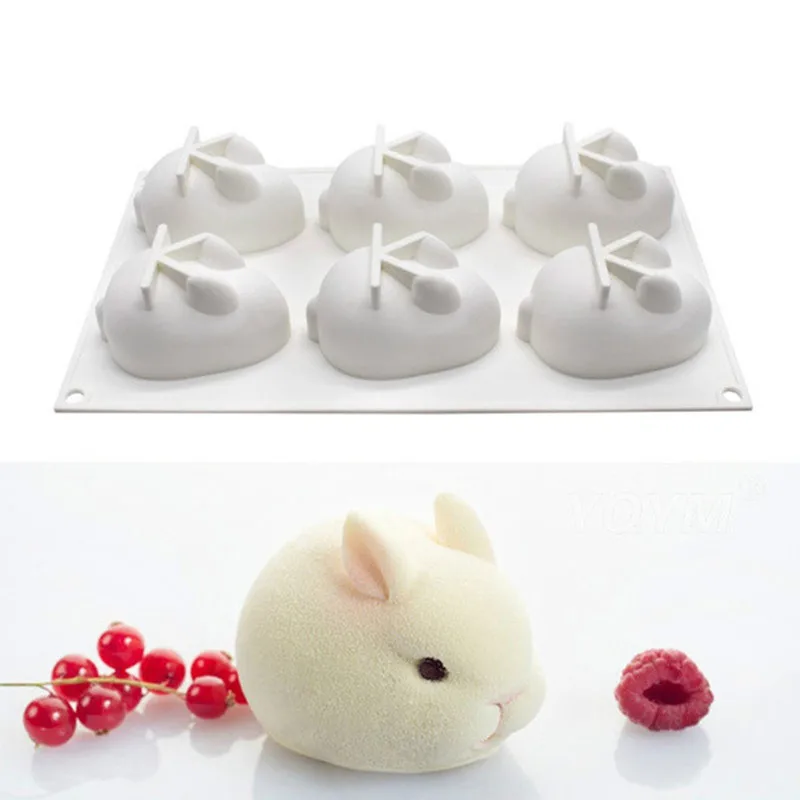 

3D Rabbit Shape Silicone Baking Mold 6-cavity Mousse Cake Bunny Mould Chocolate Bakeware Dessert Pastry Decorating DIY Tool