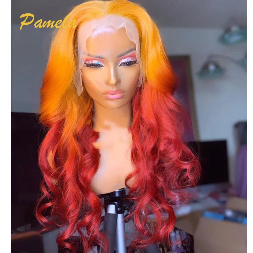 

Red Yellow Body Wave Wig For Black Women Colored Human Hair Wigs Pre Plucked Bleached Knots Glueless Wig Cosplay Human Hair Wig