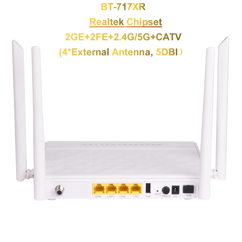 

100% New Original GPON ONT ONU Modem 2GE+2FE+2.4G/5G+CATV SCAPC 4Antennas Terminal Wireless RJ45 UTP Interface English Firmware