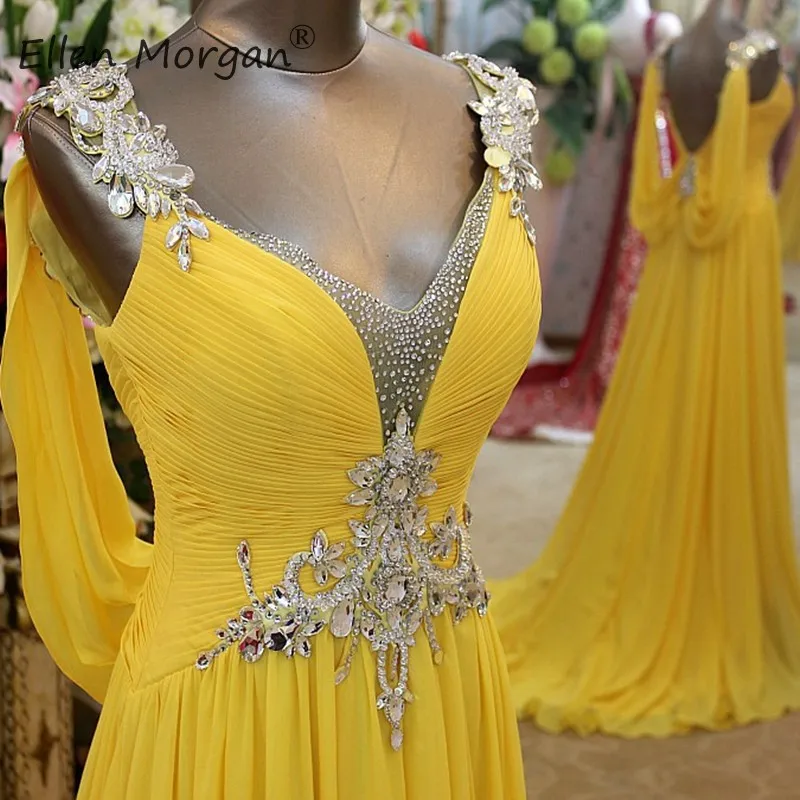 Роскошные желтые шифоновые вечерние платья с кристаллами длинные 2019 элегантные