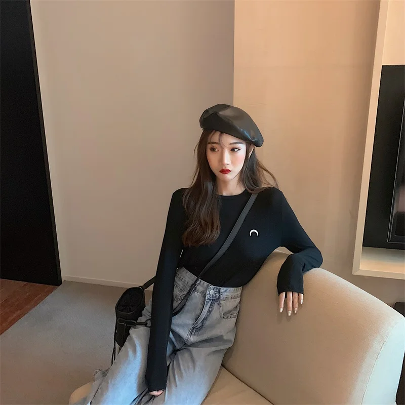 Однотонная футболка с длинным рукавом и вышивкой Луны | Женская одежда