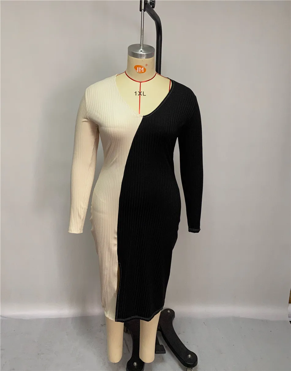 

Women Pencil Dress Black Beige Contrast Color Spliced Deep V Neck Long Sleeve Ribbed Dresses Autumn Side High Split Robe Femme