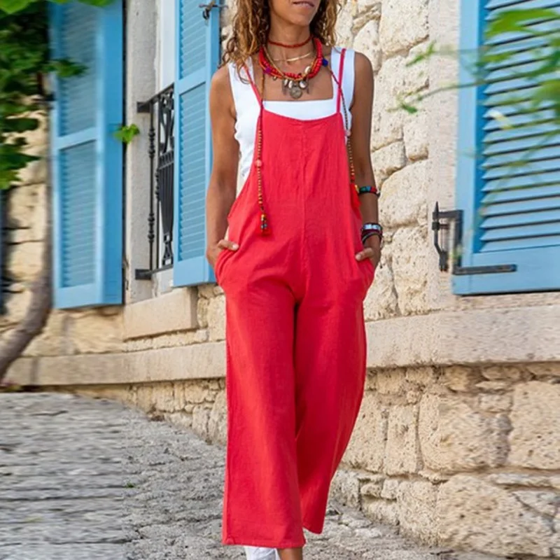 

Fashion Lady Solid Wide Leg Jumpsuit Summer Casual Sleeveless Pocket Overalls Bodysuit 2021 Women Strappy Loose Romper Playsuits