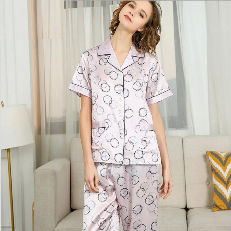Lady 100% SilK Stain Pajamas Sets  Short Sleeve Floral Print Pink Summer Silk  Home wear Sleepwears Sets 2020 Home Pyjama Sets