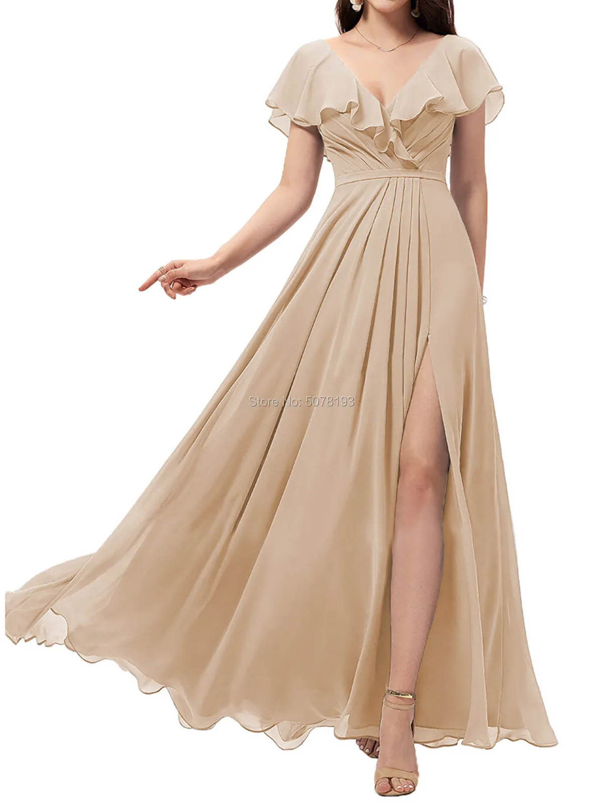 

Платье-трапеция из шифона, цвета шампанского, с V-образным вырезом, 303, длинное платье подружки невесты