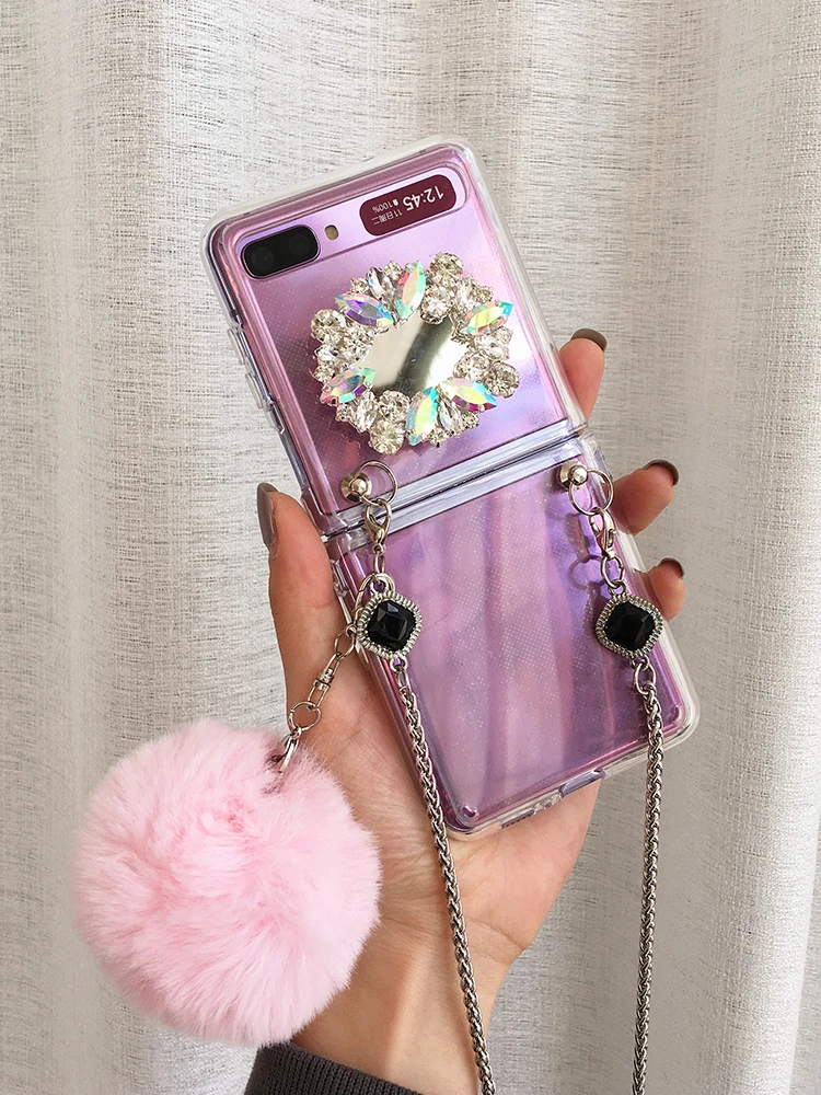 

For Samsung Galaxy Z Flip 4G 5G Fashion Super Bling Diamond Stand Holder Long Metal Chain Case Cover With Cute Fur Ball Pendant