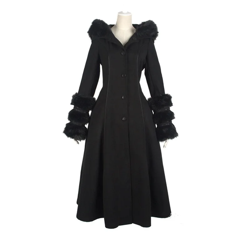 Женское пальто с капюшоном винтажное в готическом стиле меховым воротником