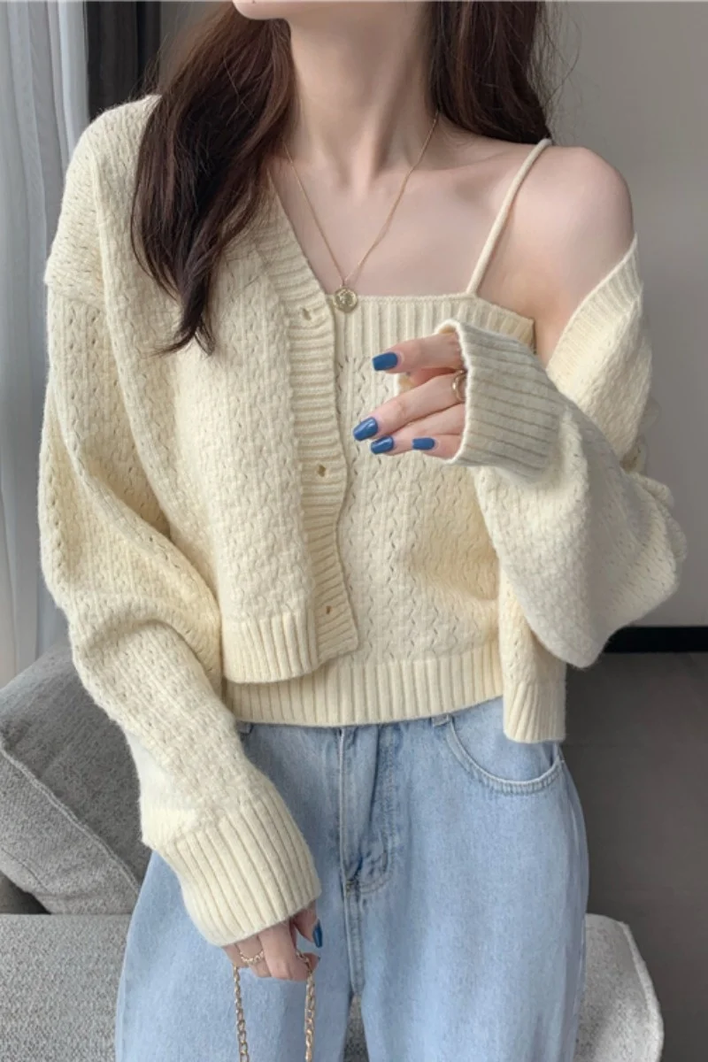 Простой повседневный вязаный кардиган комплект из двух предметов свободный