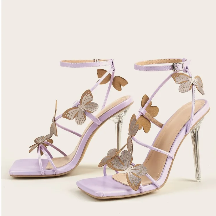 

Женские босоножки на высоком каблуке, с открытым носком, украшенные кристаллами, на шпильке, с пряжкой, фиолетовые, 2021