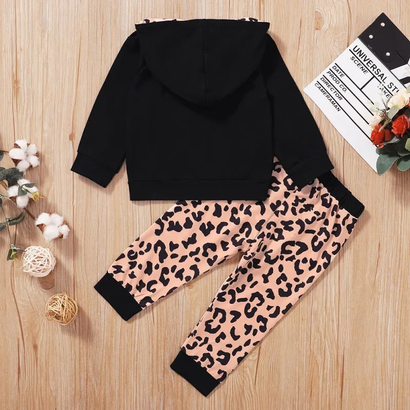 

Casual Costume Set Baby Outfits Set Baby Girl Leopard Print Long Sleeve Hoodie Sweatshirt Blouse Tops+Pants Trouser