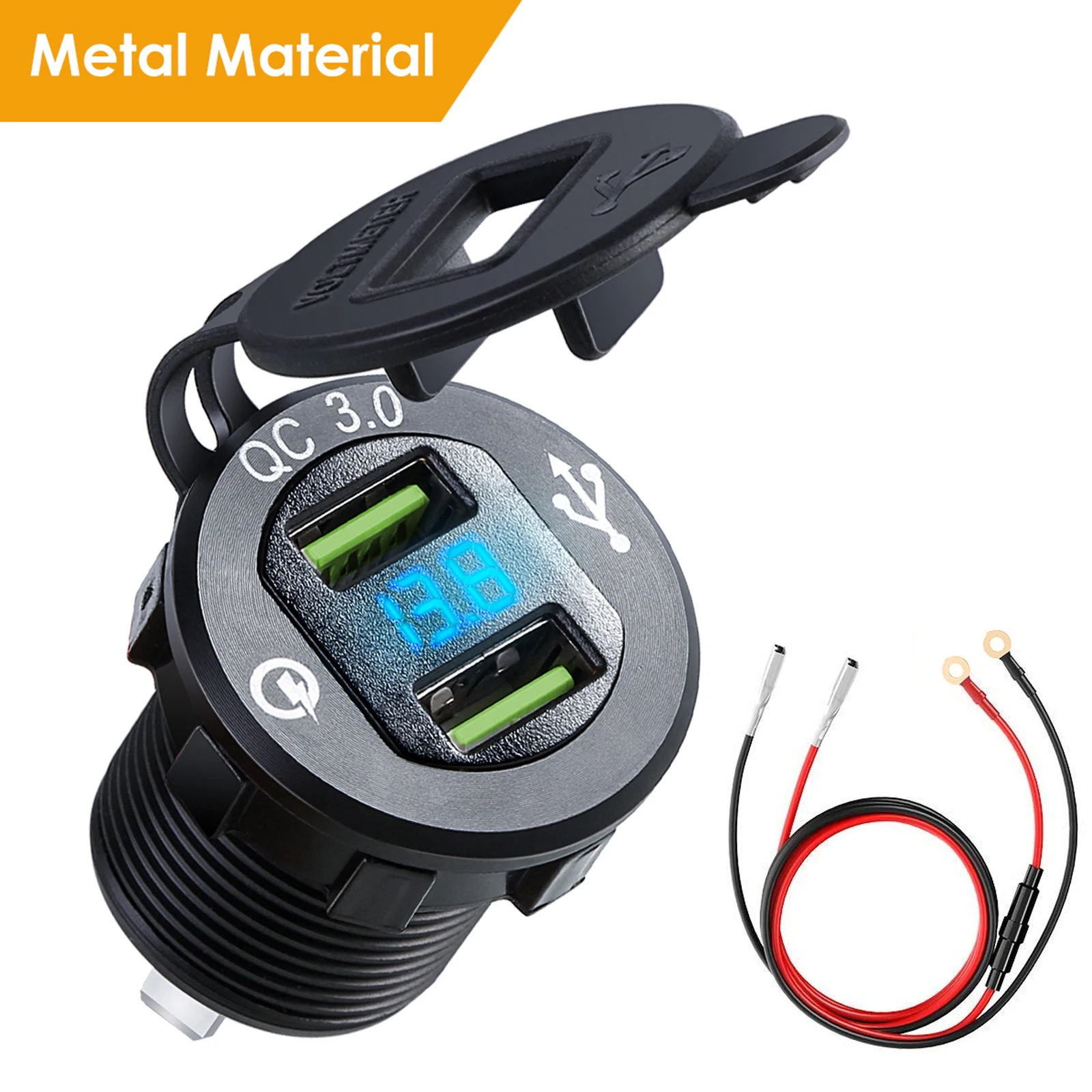 

Dual USB Charger Socket Adapter LED Display with Dust Cover Power Socket Car Motorcycle (output 3.0 + 5V1.5A / Input 12V24V)